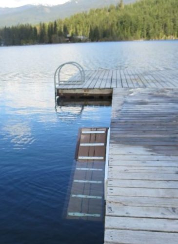 A doggie ramp coming out of the water so dogs can climb back onto the dock after swimming