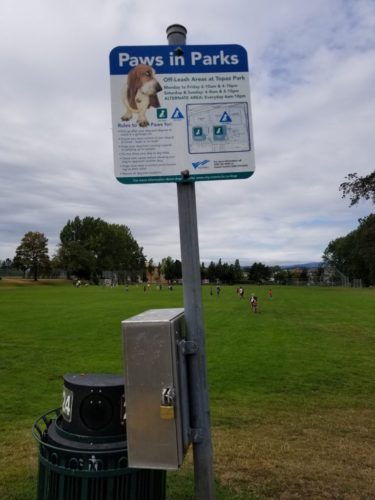 A picture of the park map showing the off-leash areas at topaz park in victoria, bc