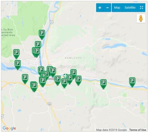 Map of all Kamloops Off-Leash Dog Parks and Hikes