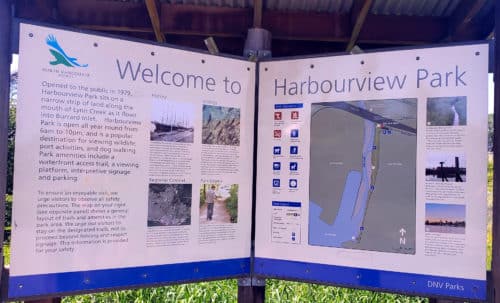 A picture of the welcome sign at harbourview off-leash dog park, north vancouver, bc