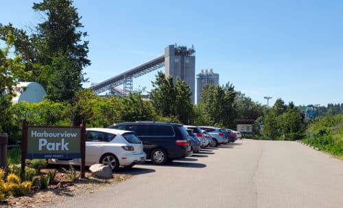 A picture of the parking lot at the entrance to harbourview off-leash dog park, north vancouver, bc