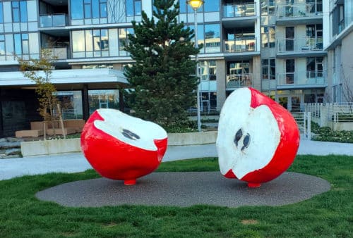 A picture of an apple sculpture in the ketcheson neighbourhood park in richmond bc