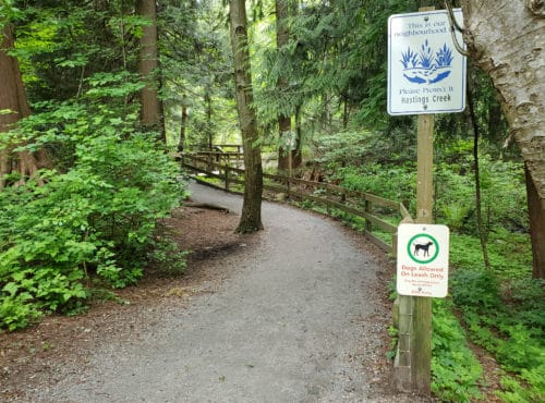 A picture of a park sign denoting an on-leash only area within hunter creek park (off-leash trails), north vancouver, bc