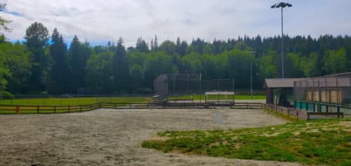 A picture from the fenced dog park looking across the adjacent sports fields at myrtle park off-leash dog park, north vancouver, bc