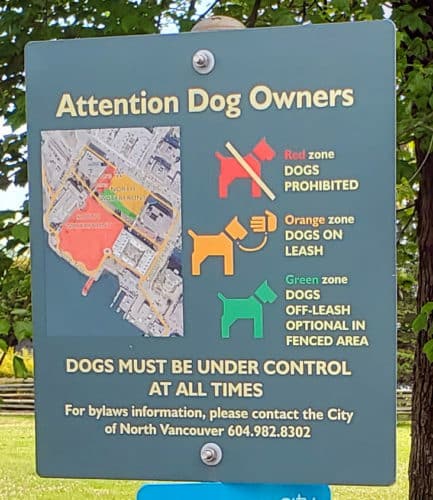 A picture of the park sign showing where dogs are allowed on and off-leash at waterfront off-leash dog park, north vancouver, bc