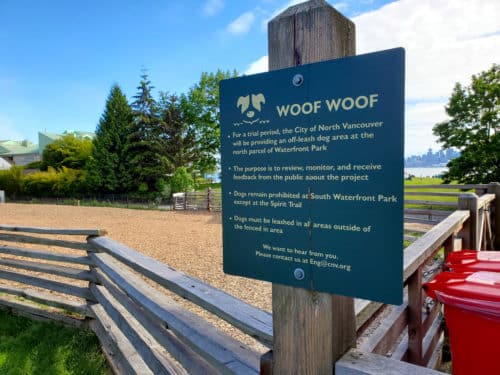A picture of a park sign at waterfront off-leash dog park, north vancouver, bc