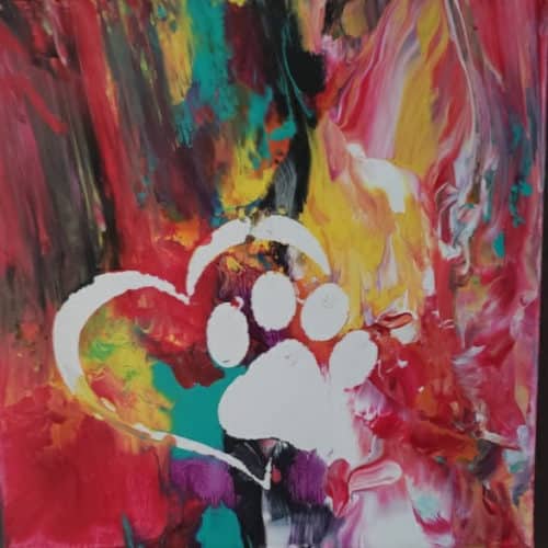 Art work with swirling colours and a paw print