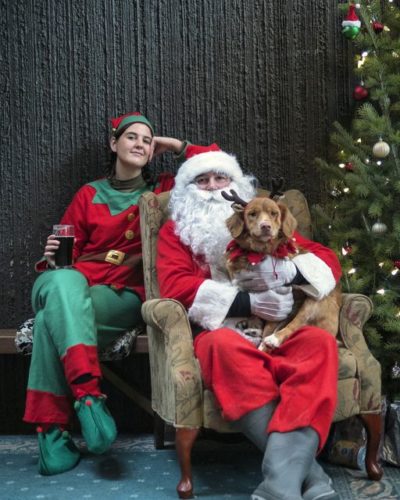 Santa holding a dog and posing with an elf who is holding a beer. It is a dog photo with santa event.