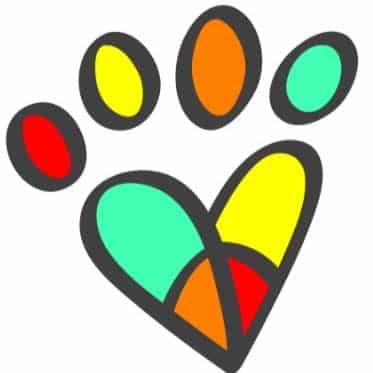 Mindful mutts dog daycare logo. A colourful paw print peace sign.