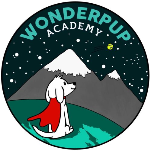 Wonderpup academy logo - dog looking at the mountains, wearing a red cape.